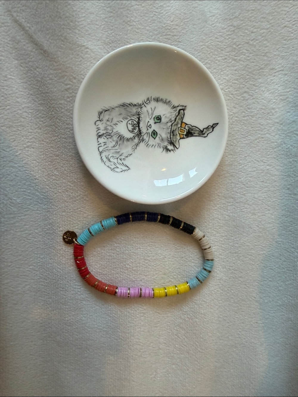Multicolor halloween cat ring holder and Beaded gold and rainbow bracelet